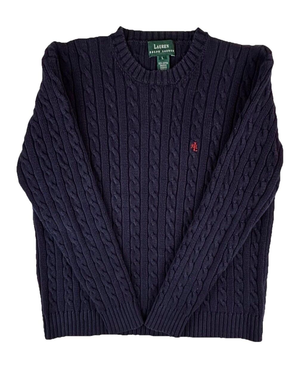 Ralph Lauren Sweater Women’s L Preppy Blue Cable Knit Pony Crewneck Fisherman